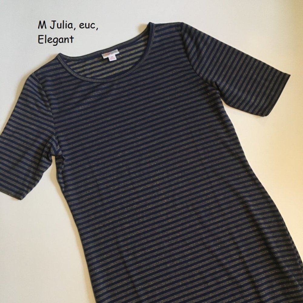 M Lularoe Julia sheath dress, Elegant blue gold stripes, metallic